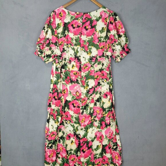 H&M Midi Dress Womens XL Multicolor Floral Square Neck Puff Sleeves Smocked Hems - Picture 4 of 10